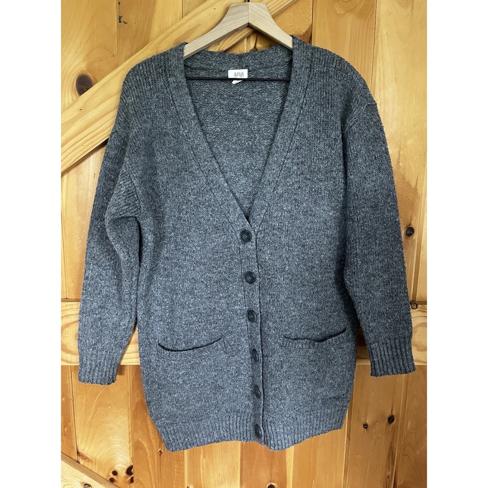 ana Women's Gray Cardigan Sweater Medium‎ Button Front Longline Pockets